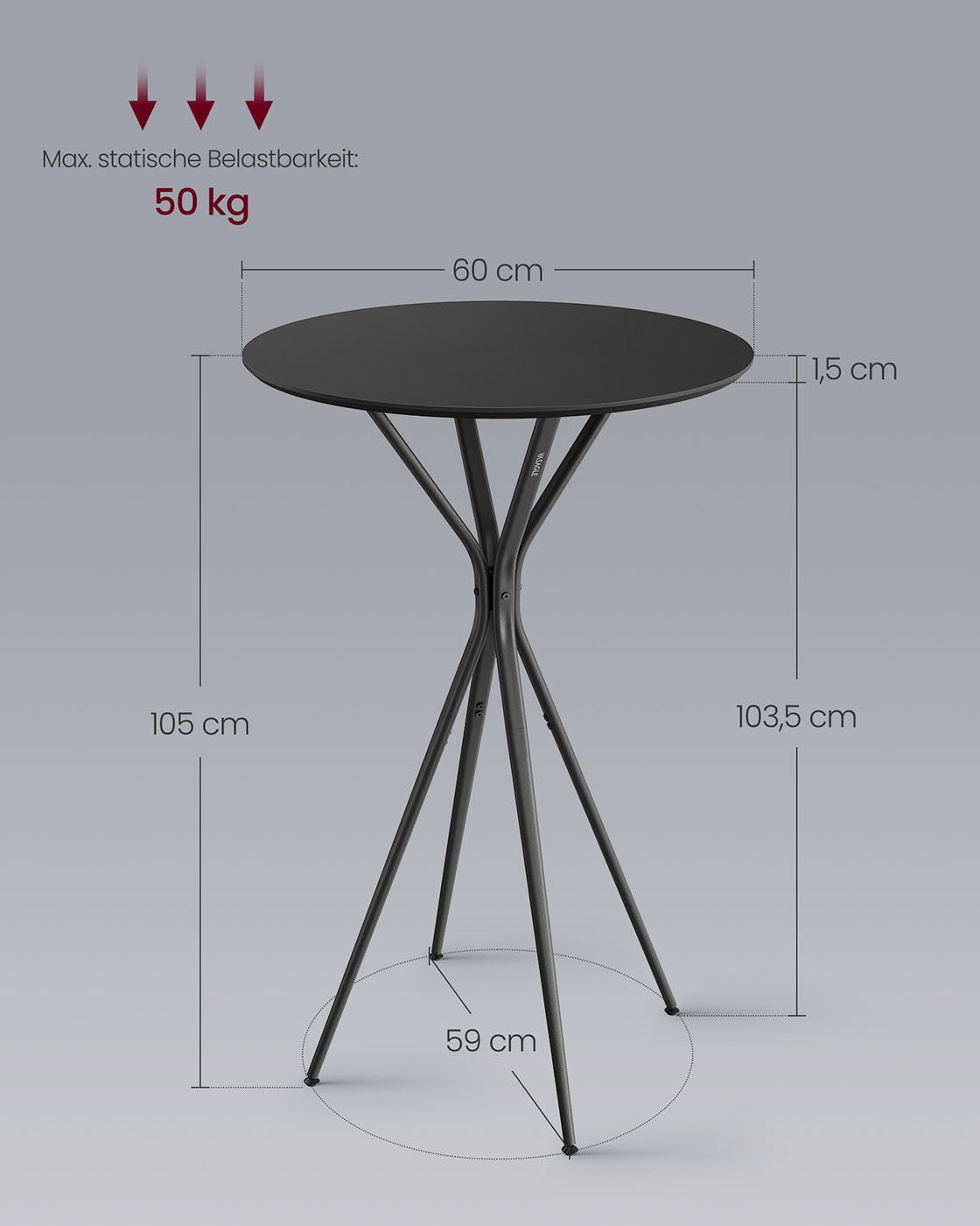 Balkentisch mit Metallrahmen 60 x 60 x 105 cm Tintenschwarz-MAT Schwarz
