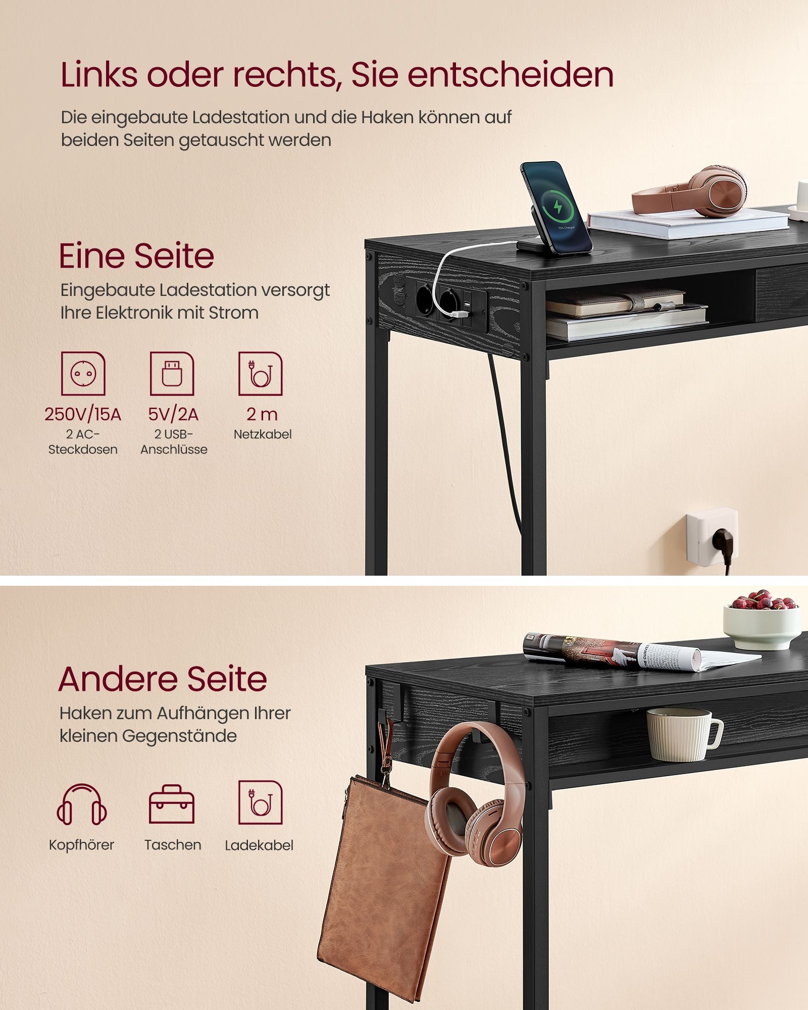Balkentisch mit Schublade 40 x 120 x 104,6 cm Ebenholz schwarz schwarz