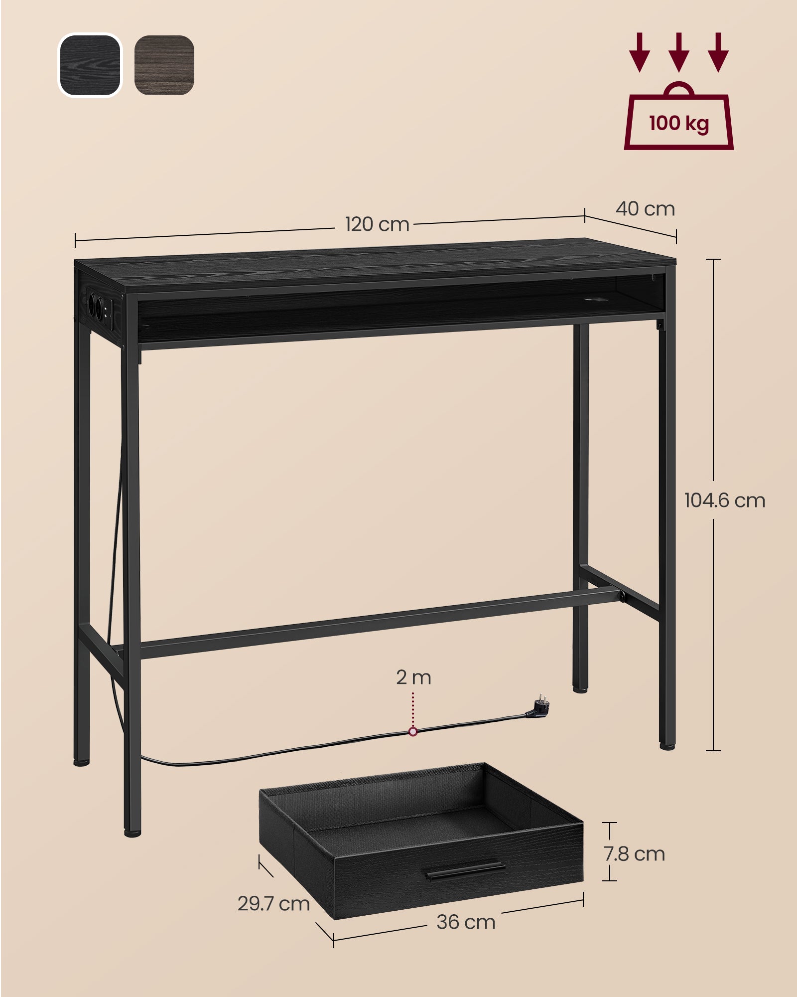 Balkentisch mit Schublade 40 x 120 x 104,6 cm Ebenholz schwarz schwarz