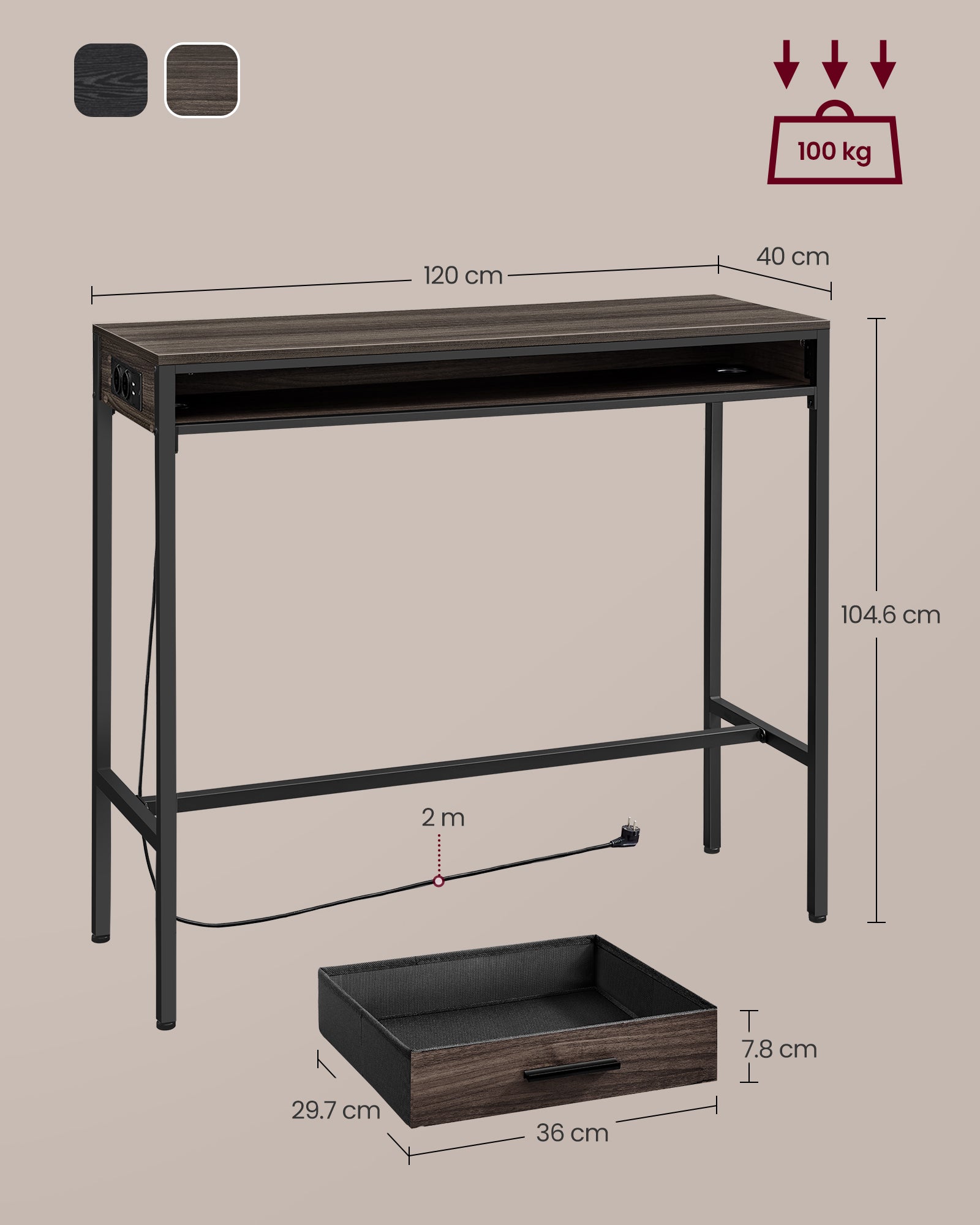Balkentisch mit Schublade 40 x 120 x 104,6 cm Aschebraun