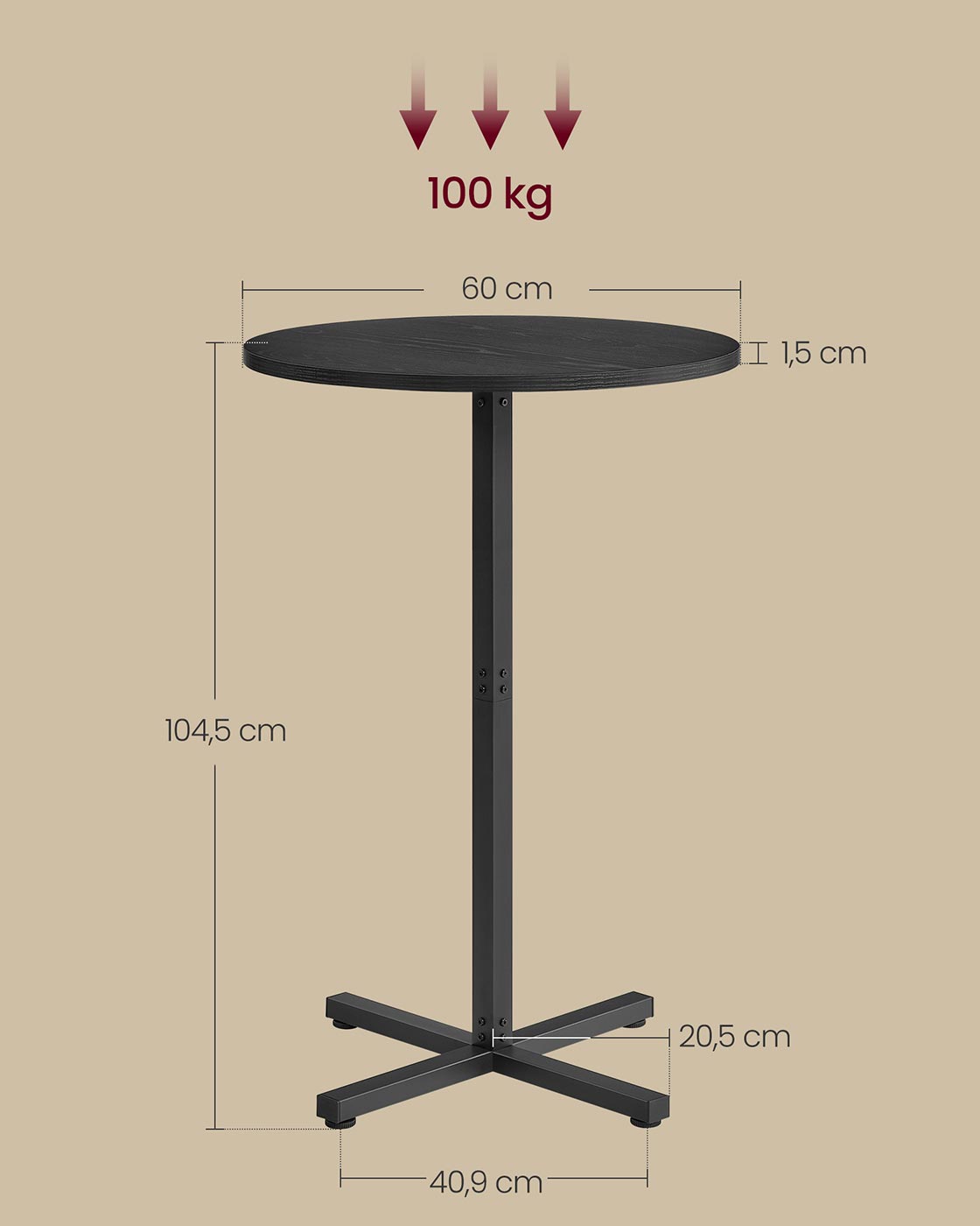 Balkentisch - Runde - 60 x 60 x 104,5 cm - Ebenholz schwarz