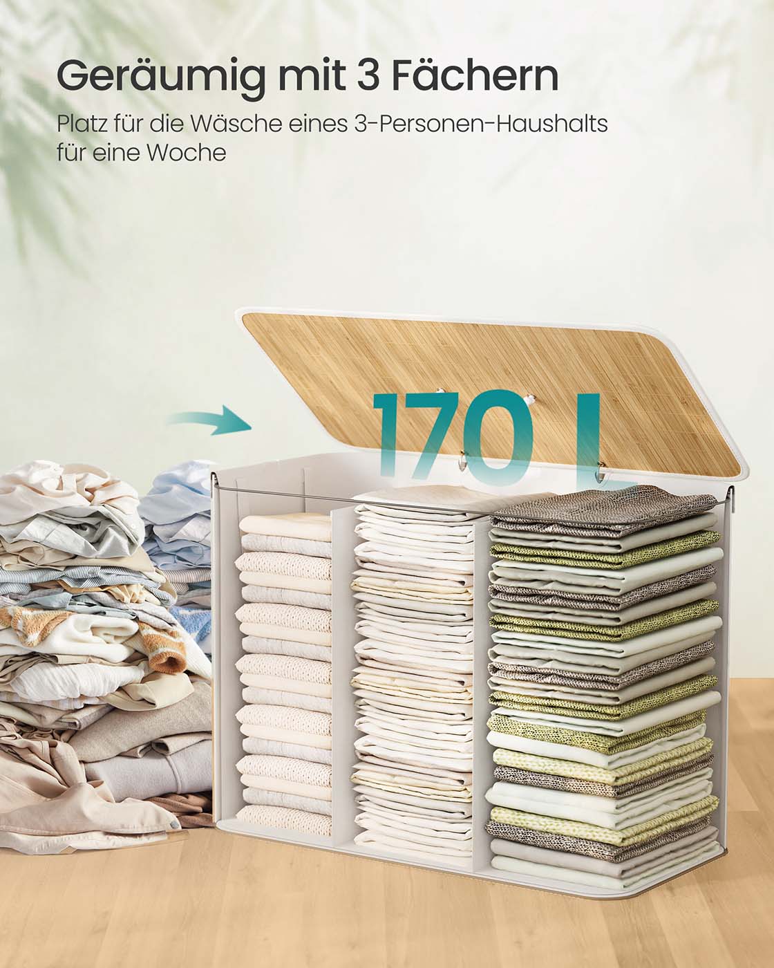 Wäschereikorb mit 3 Fächern und abnehmbaren Wäscheltaschen weiß