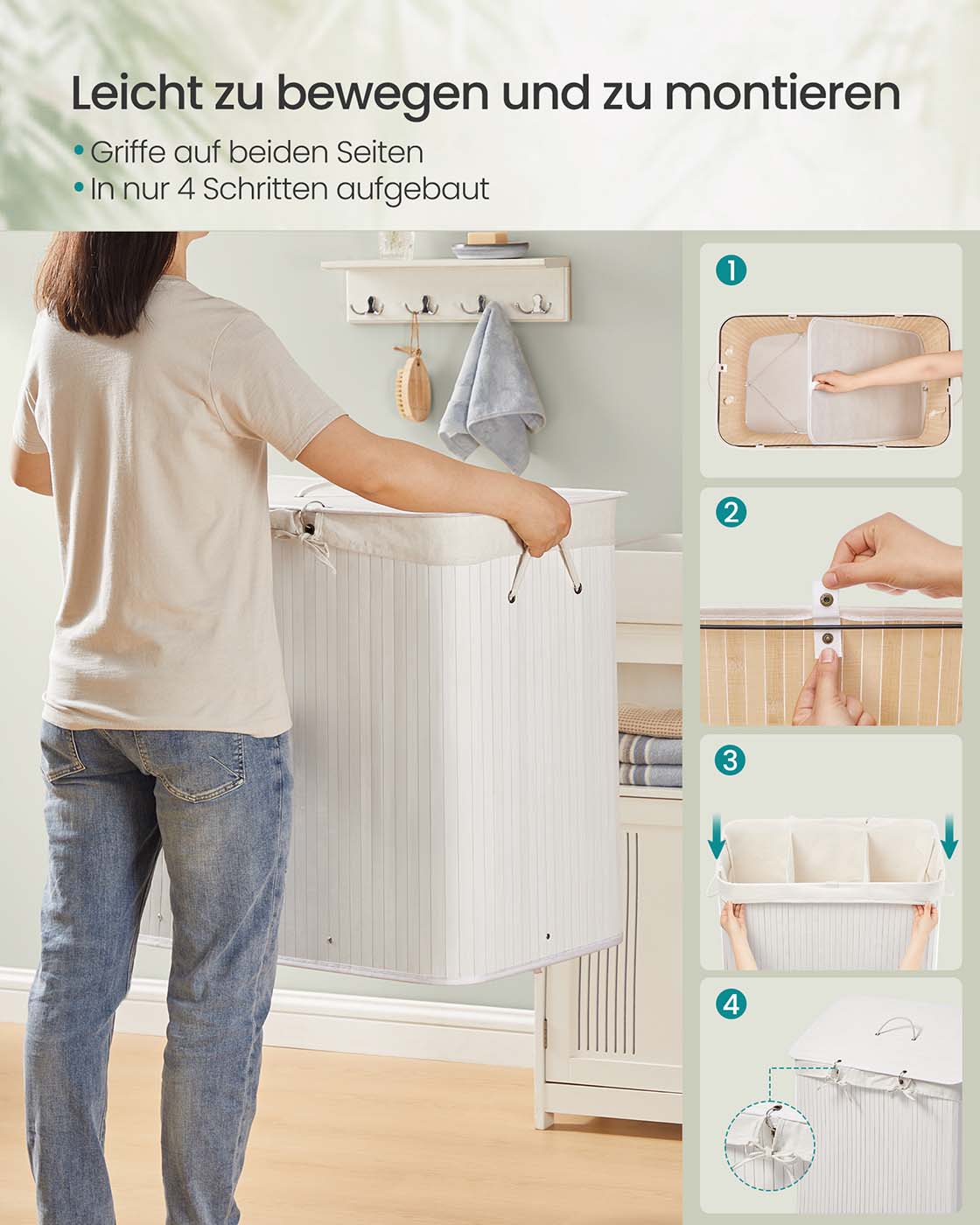 Wäschereikorb mit 3 Fächern und abnehmbaren Wäscheltaschen weiß