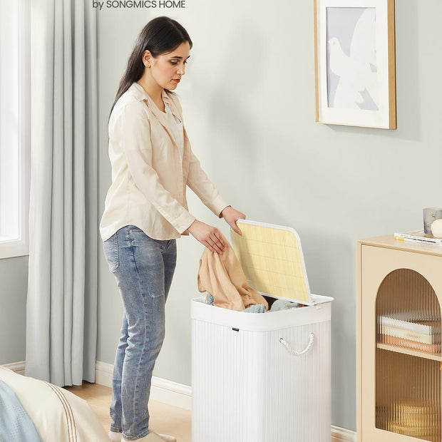 Bambus Wäschereikorb mit Deckel und Griff weiß