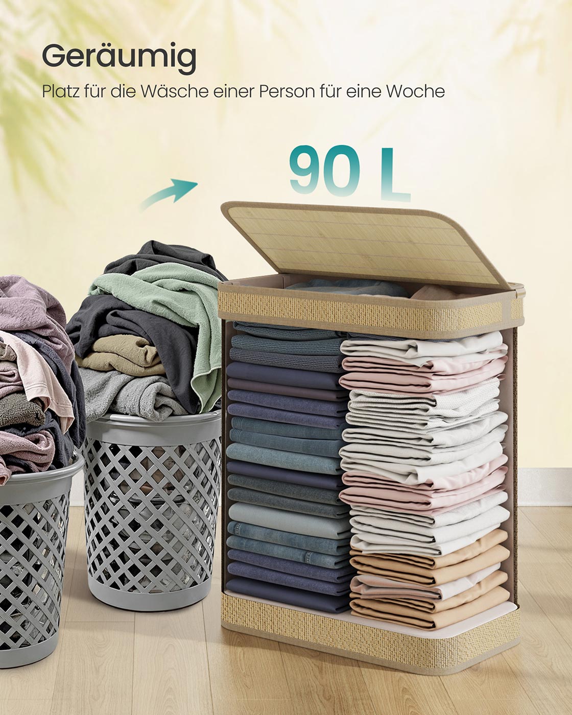 Wäschereikorb - 90 Liter - Bambus - mit Deckel - natürlich