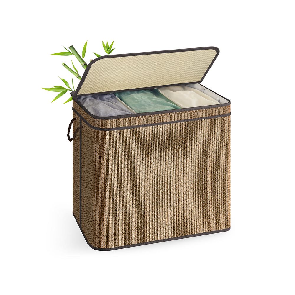 Wäschereikorb - 170 Liter - Bambus - 3 Fächer - mit Deckel - Natural