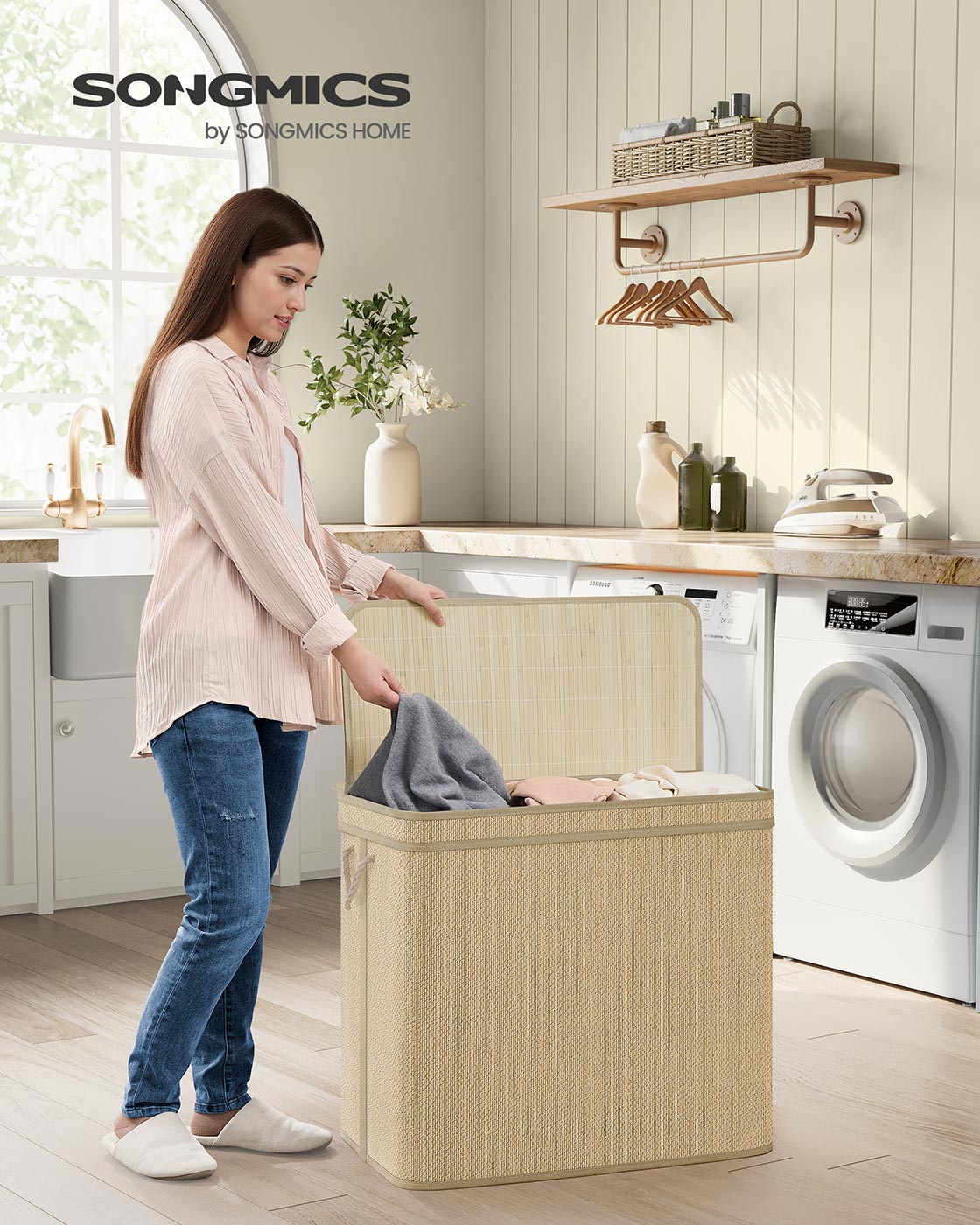 Wäschereikorb - 170 Liter - Bambus - 3 Fächer - mit Deckel - Natural