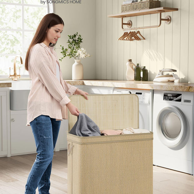 Wäschereikorb - 170 Liter - Bambus - 3 Fächer - mit Deckel - Natural