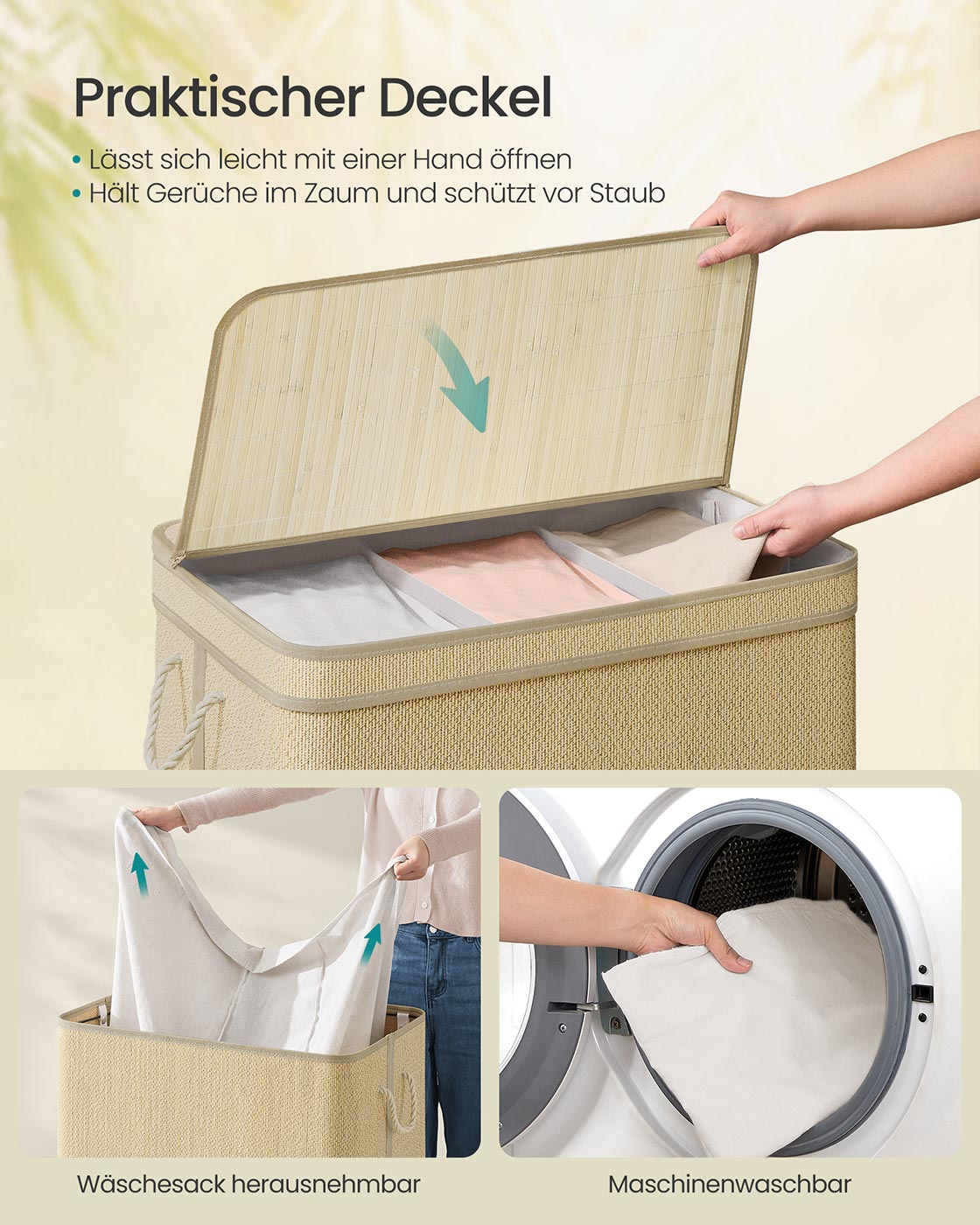 Wäschereikorb - 170 Liter - Bambus - 3 Fächer - mit Deckel - Natural