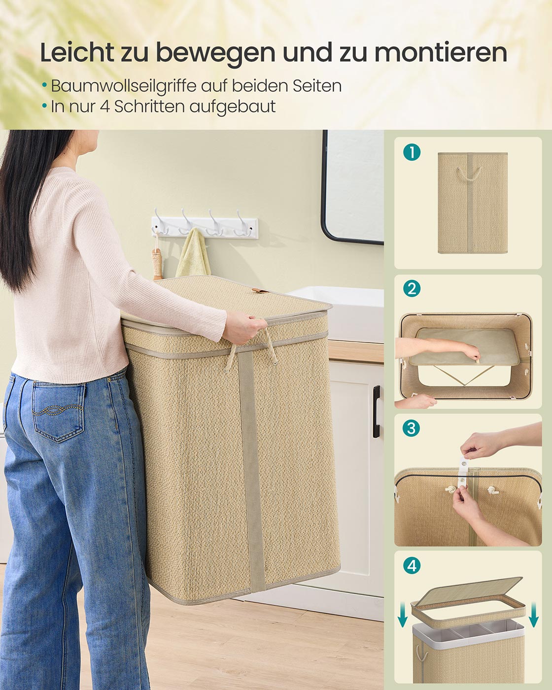 Wäschereikorb - 170 Liter - Bambus - 3 Fächer - mit Deckel - Natural