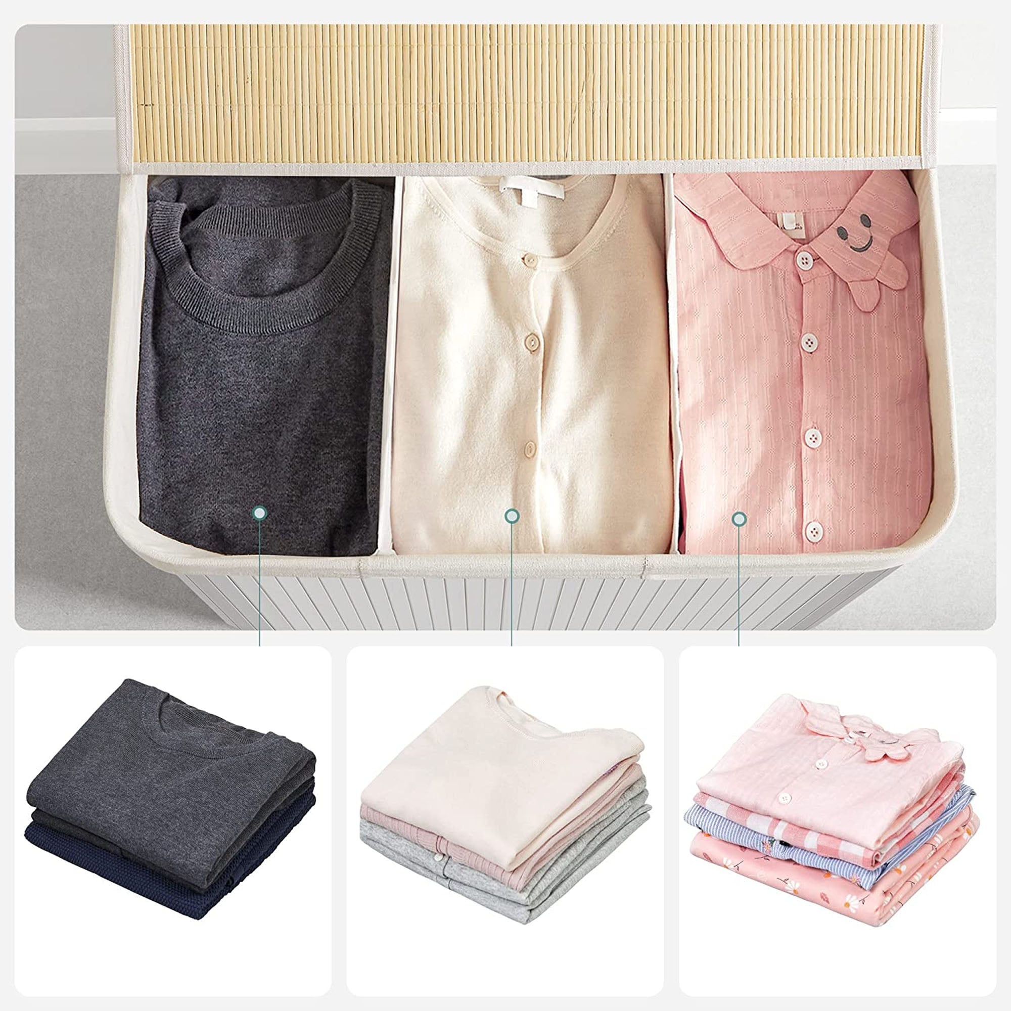 Wäschekorb - Bambus - mit 3 Fächern - Naturel