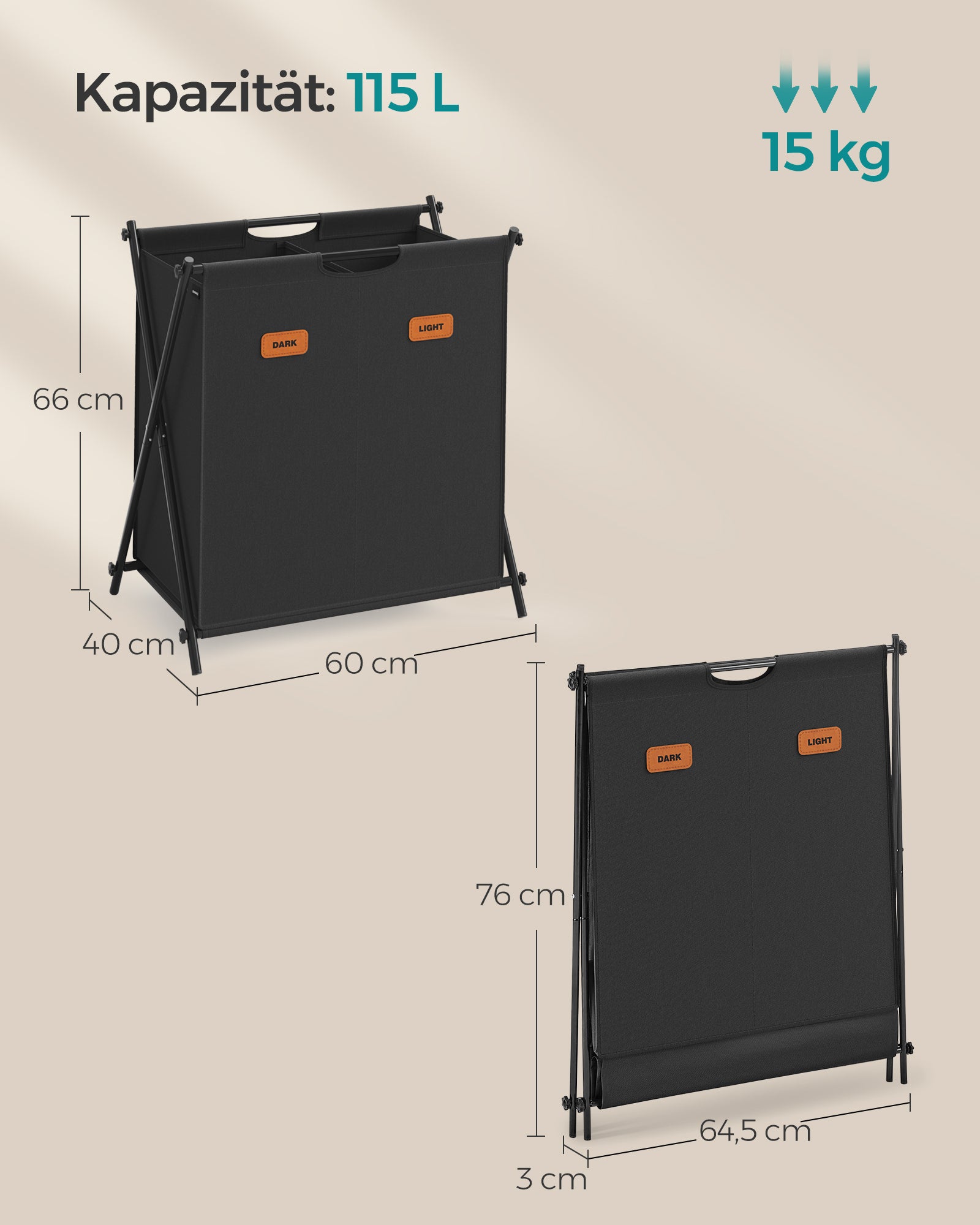 Wäschereikorb 115 Liter mit 2 Fachkompartimenten -Black