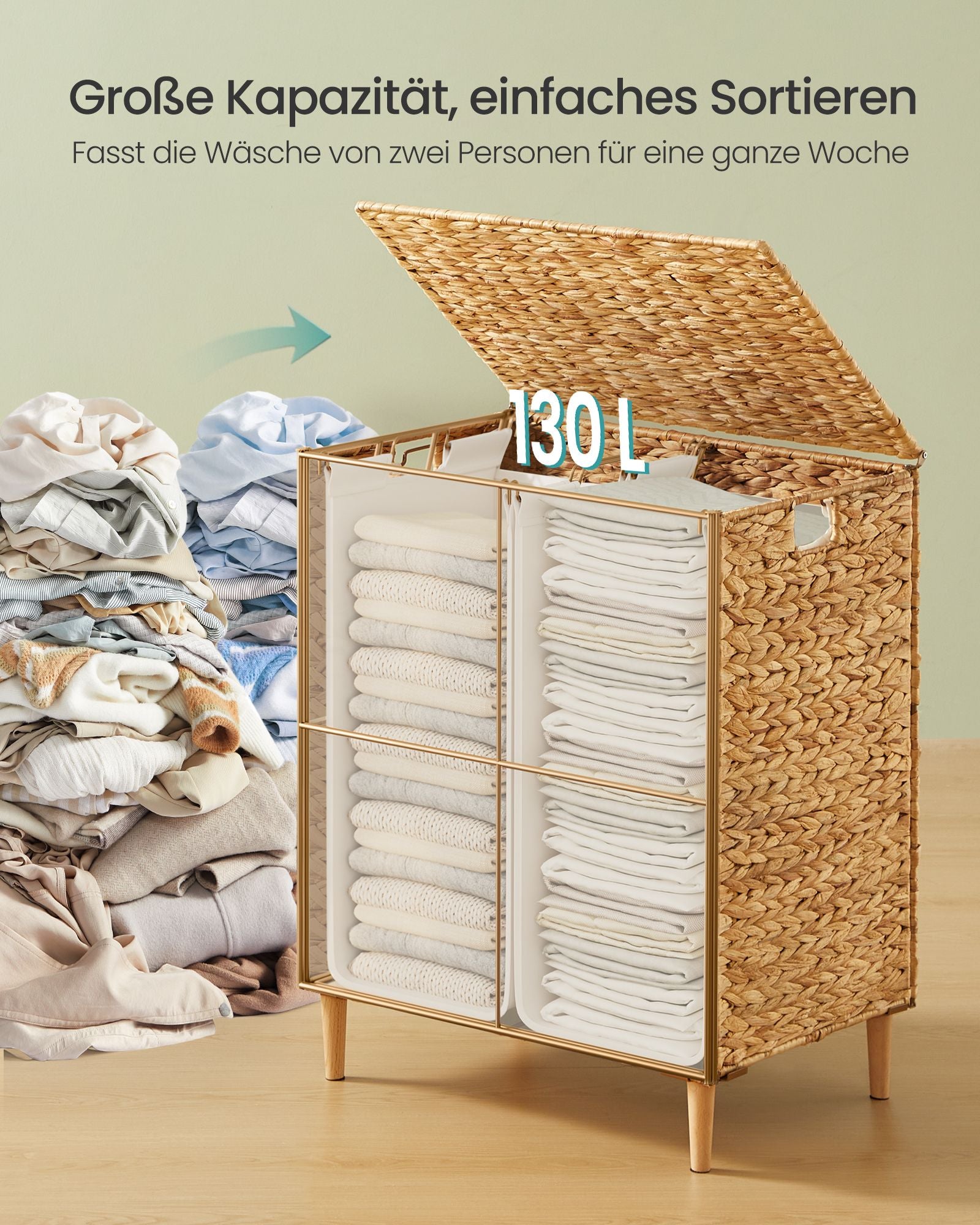 Wasmand - 56 x 40 x 70 cm - 130 liter - 2 compartimenten - natuurlijk gekleurd waterhyacint - uitneembare binnentas - machinewasbaar - handvatten van natuurlijk materiaal - maximaal 15 kg
