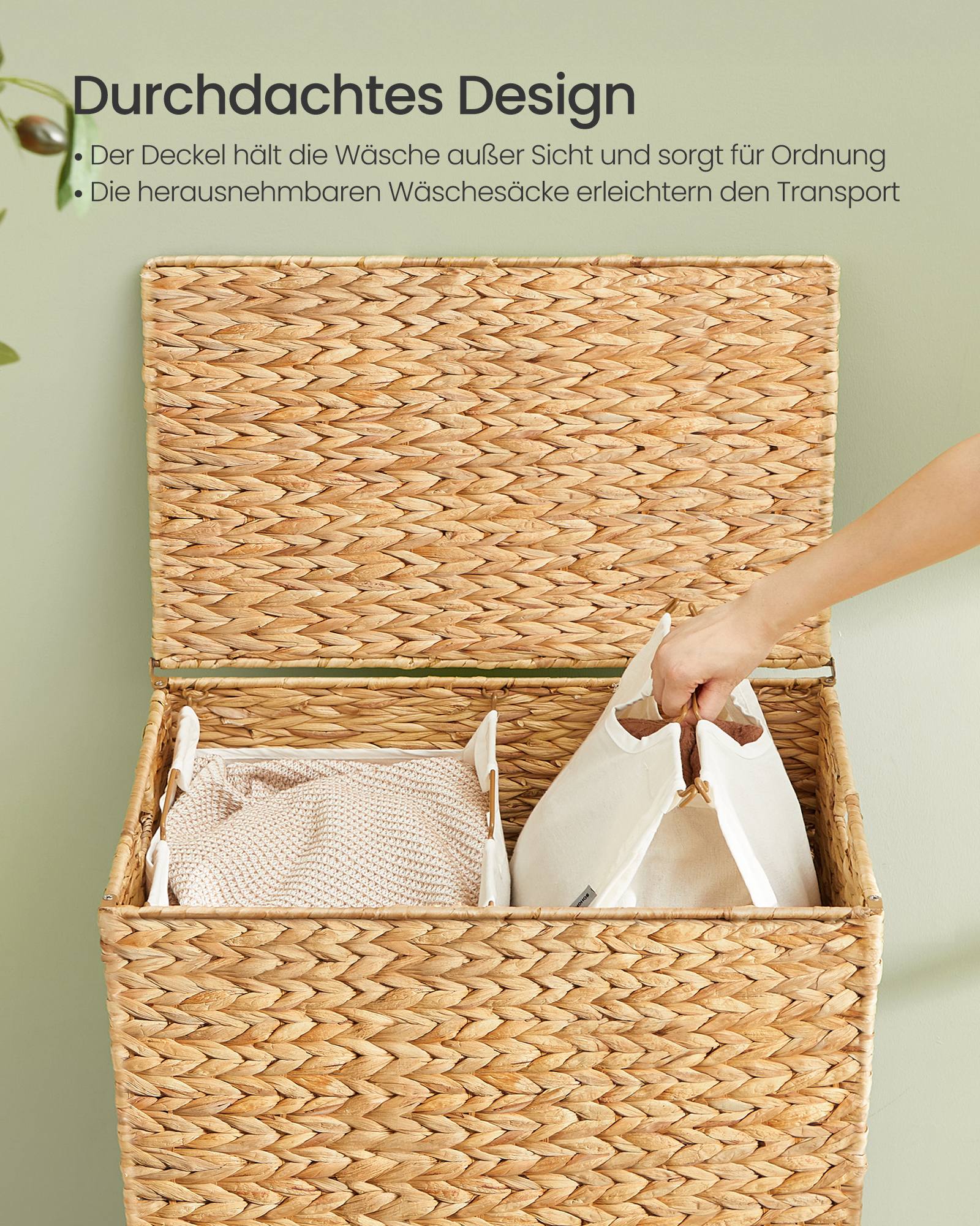 Wasmand - 56 x 40 x 70 cm - 130 liter - 2 compartimenten - natuurlijk gekleurd waterhyacint - uitneembare binnentas - machinewasbaar - handvatten van natuurlijk materiaal - maximaal 15 kg
