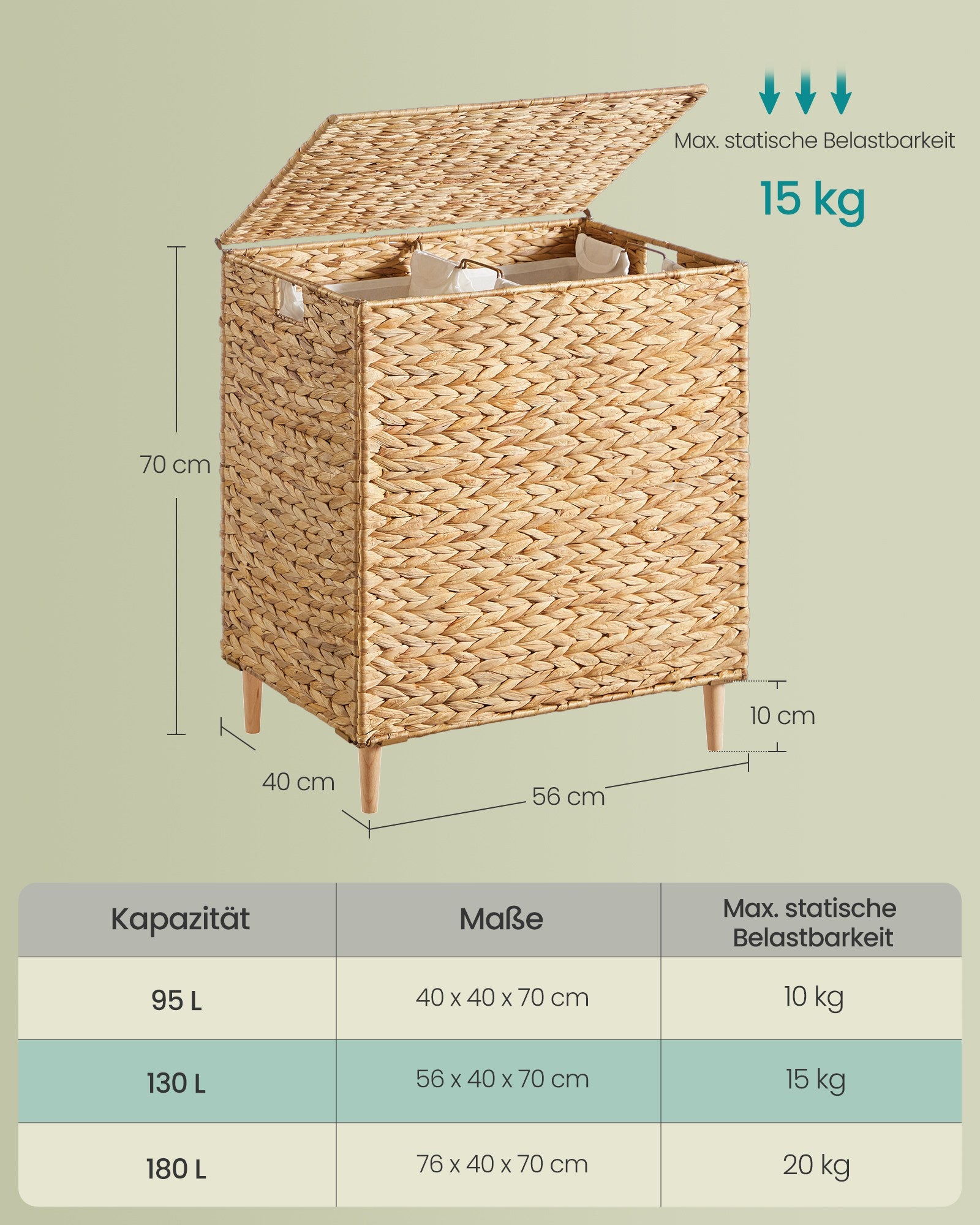 Wasmand - 56 x 40 x 70 cm - 130 liter - 2 compartimenten - natuurlijk gekleurd waterhyacint - uitneembare binnentas - machinewasbaar - handvatten van natuurlijk materiaal - maximaal 15 kg