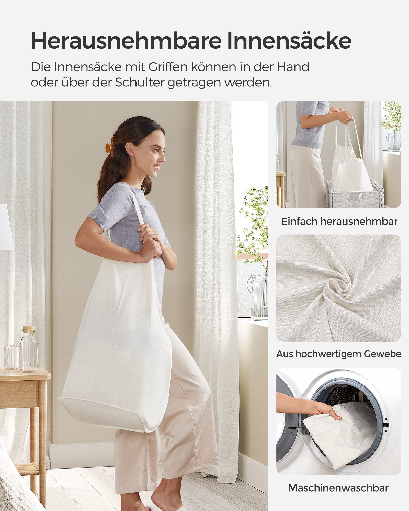 Wasmand met Deksel - 2 Vakken - 90 Liter - Handgeweven - Wit
