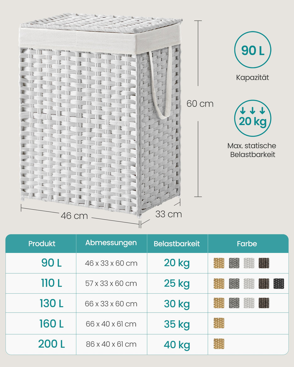 Wasmand met Deksel - 2 Vakken - 90 Liter - Handgeweven - Wit