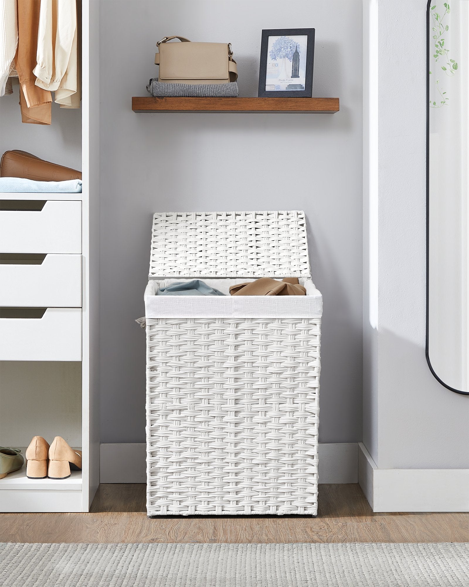 Wasmand met Deksel - 2 Vakken - 90 Liter - Handgeweven - Wit