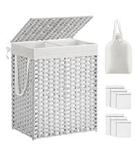 Wasmand met Deksel - 2 Vakken - 90 Liter - Handgeweven - Wit