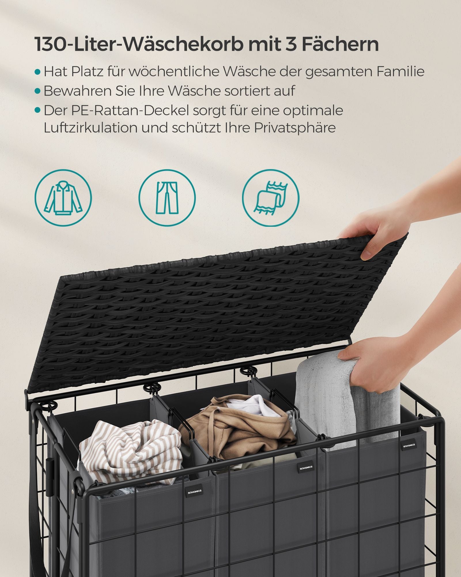 Wäscherei Korb-130 L-removable mit Rädern-Ink-Black-Leigrijs