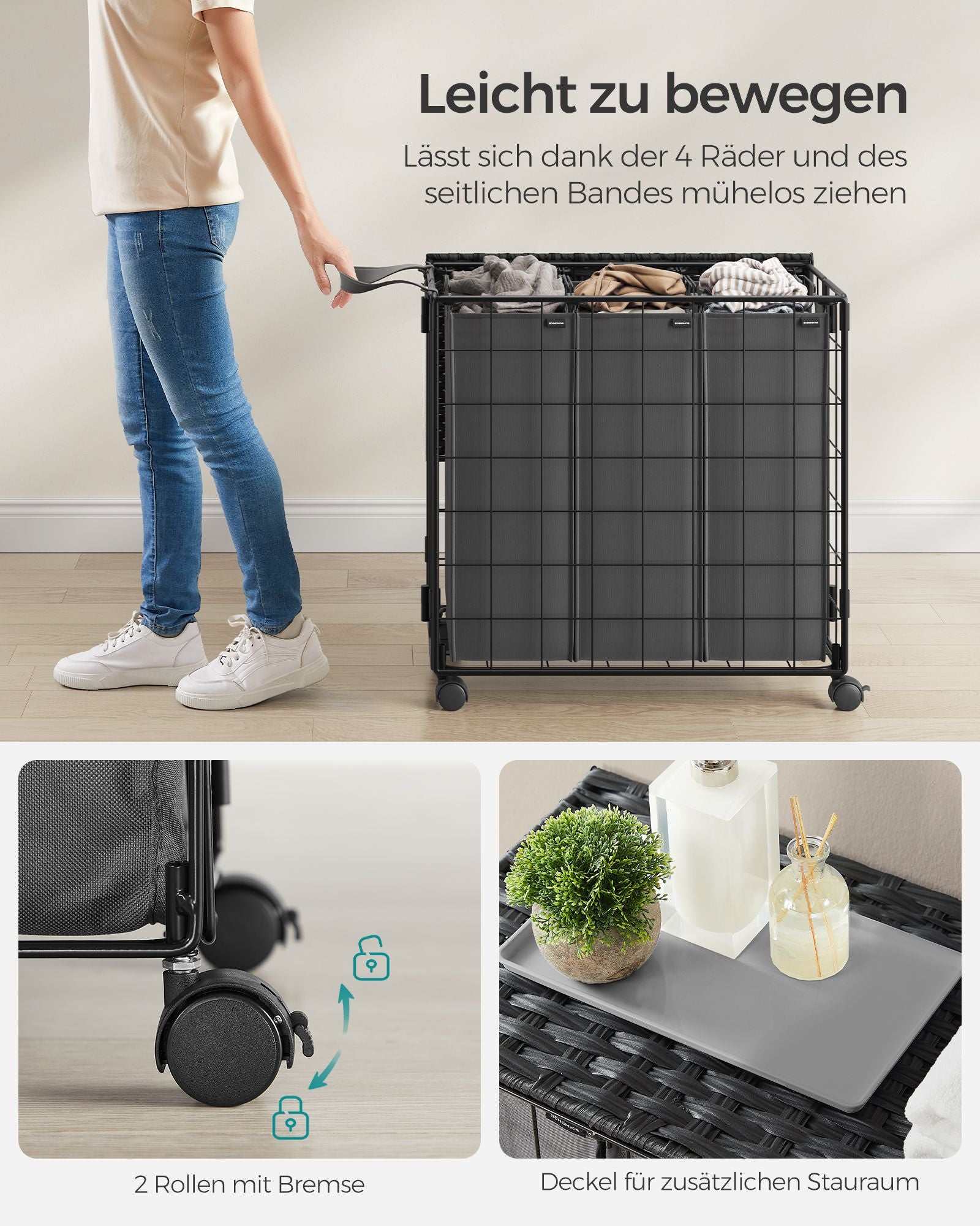Wäscherei Korb-130 L-removable mit Rädern-Ink-Black-Leigrijs