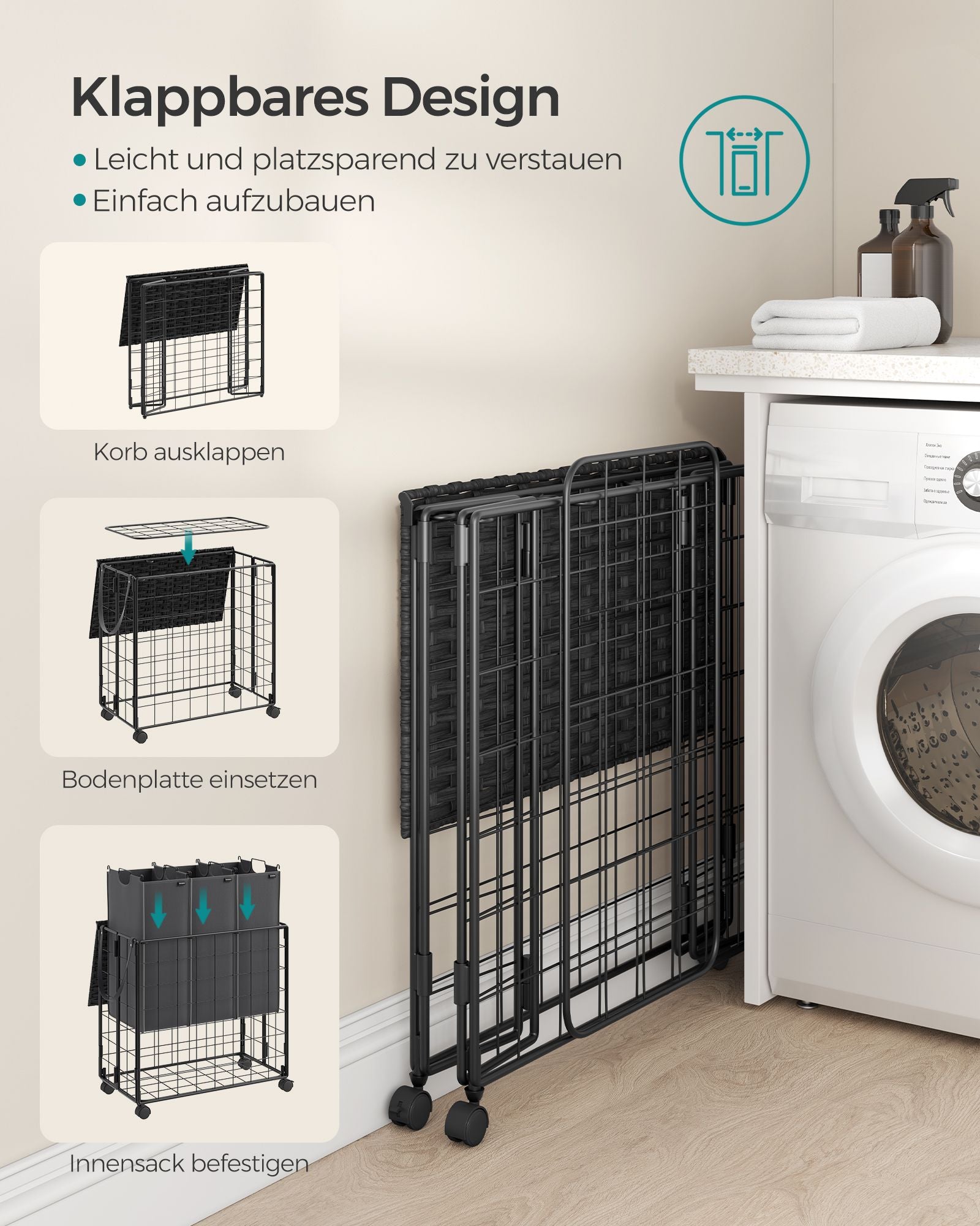 Wäscherei Korb-130 L-removable mit Rädern-Ink-Black-Leigrijs