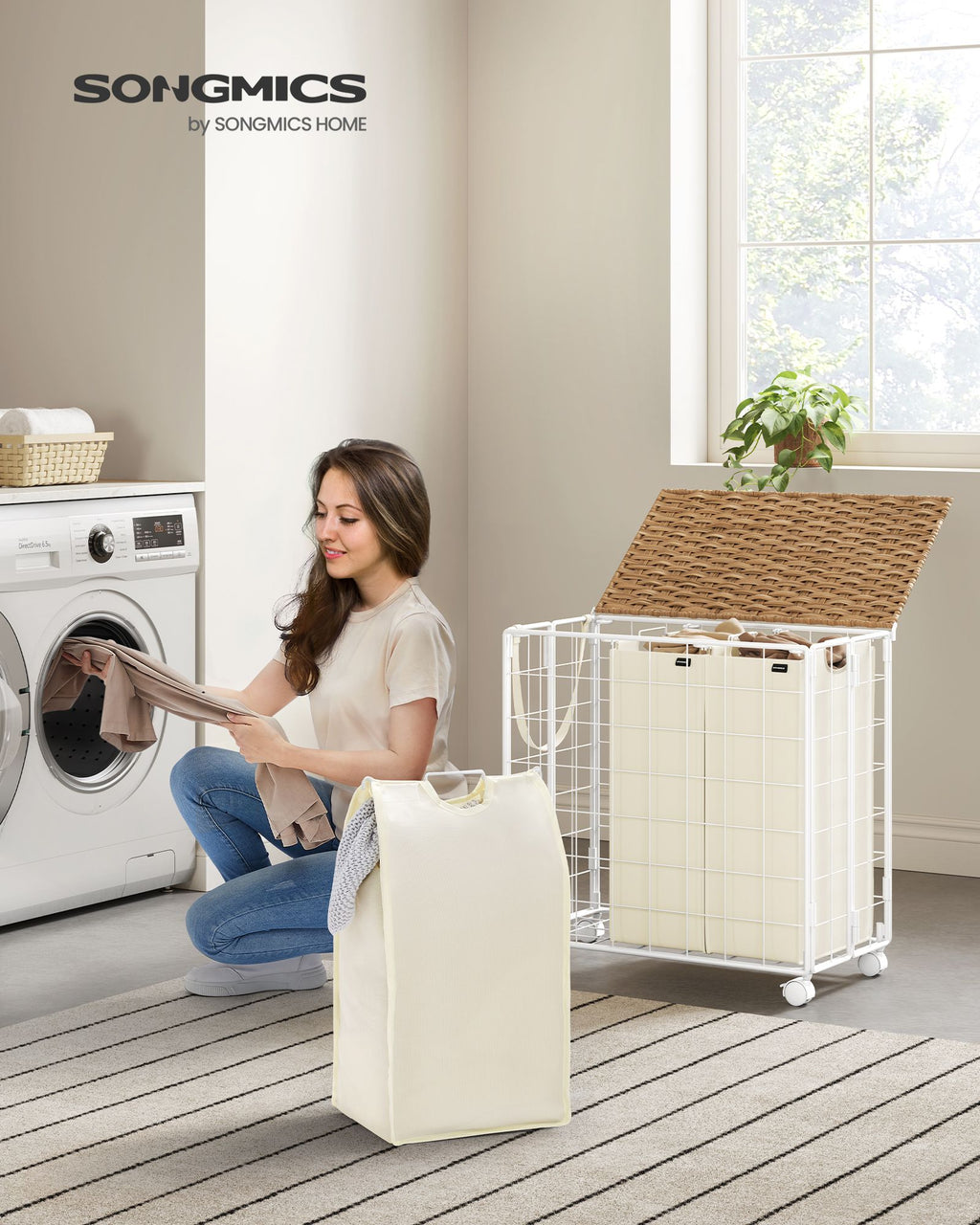 Wäschekorb auf Rädern Natural Beige-Crème White