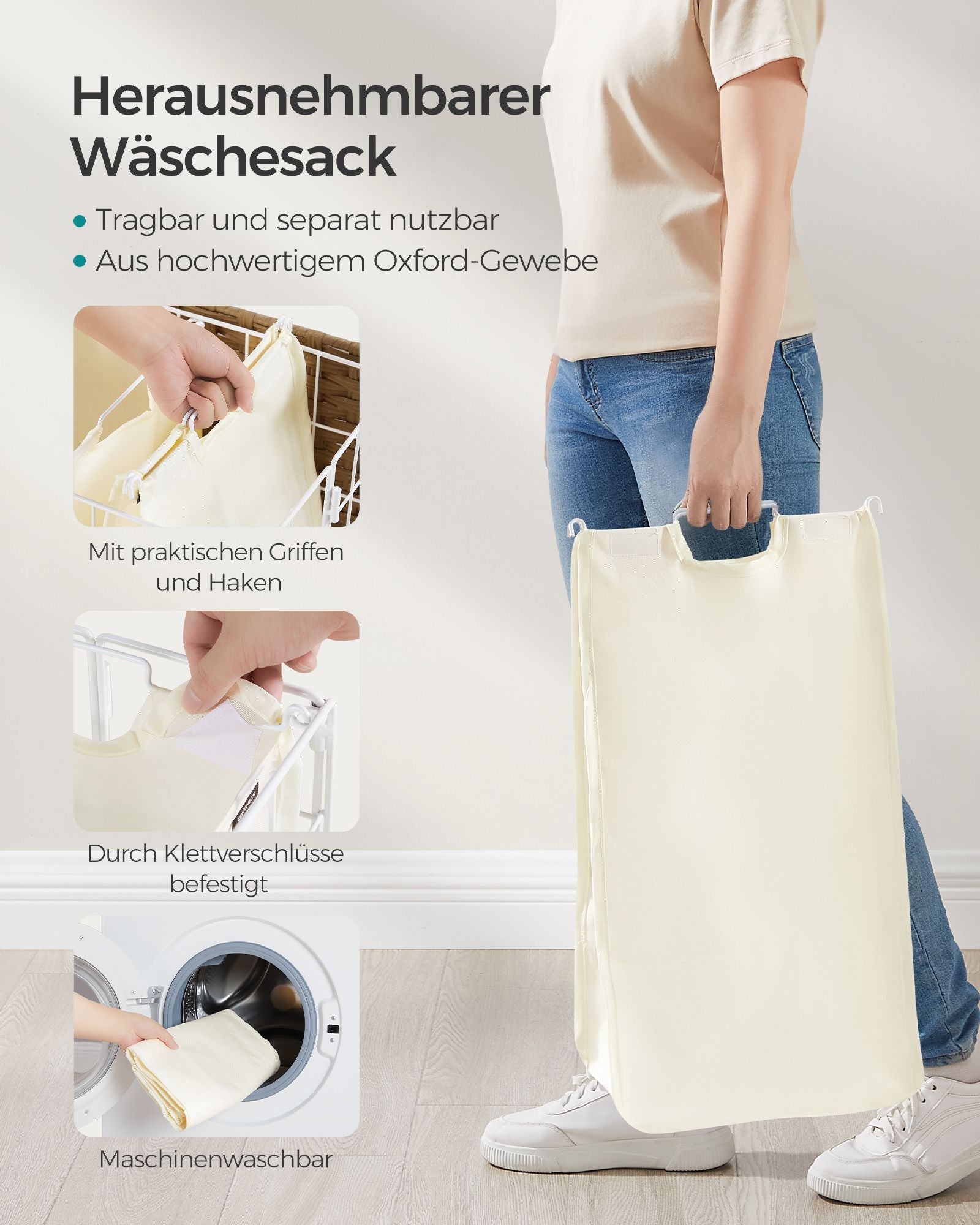 Wäschekorb auf Rädern Natural Beige-Crème White