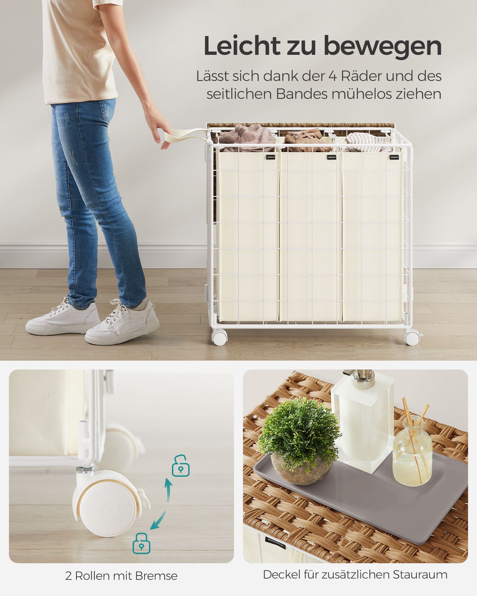 Wäschekorb auf Rädern Natural Beige-Crème White