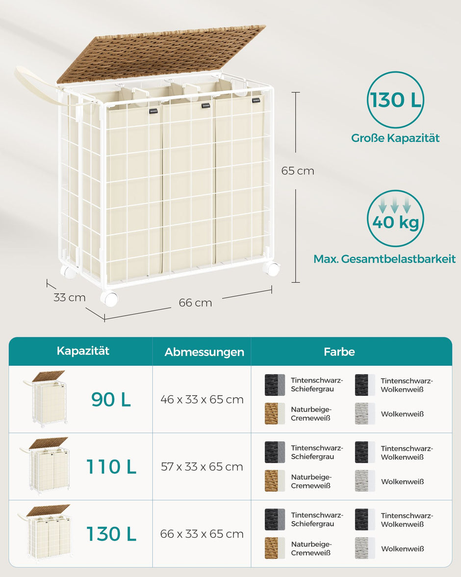 Wäschekorb auf Rädern Natural Beige-Crème White