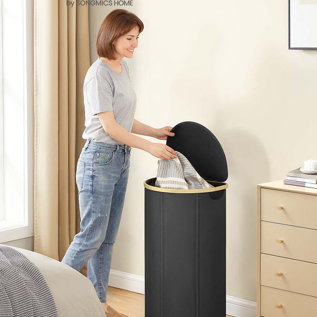 Wäschereikorb mit Deckel und abnehmbarem Beutel-Tinten-Schwarz-Natural-Beige