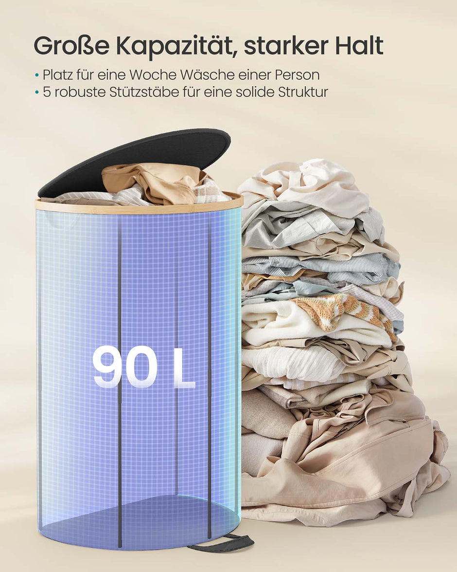Wäschereikorb mit Deckel und abnehmbarem Beutel-Tinten-Schwarz-Natural-Beige