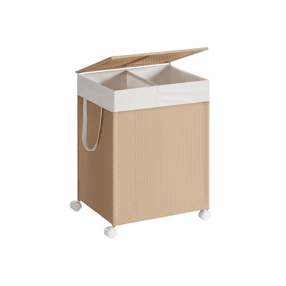 Wäschekorb 100 l mit 2 Fächern und Rädern Natural Beige-mat weiß