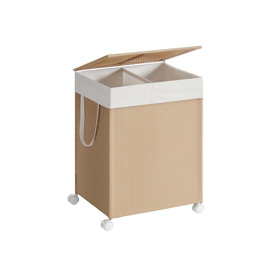 Wäschekorb 100 l mit 2 Fächern und Rädern Natural Beige-mat weiß