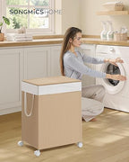 Wäschekorb 100 l mit 2 Fächern und Rädern Natural Beige-mat weiß