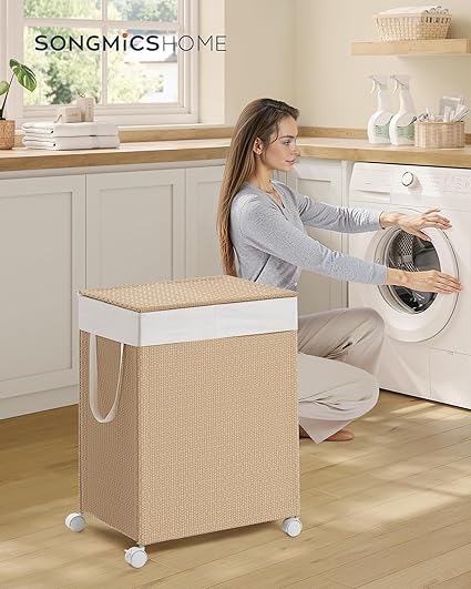 Wäschekorb 100 l mit 2 Fächern und Rädern Natural Beige-mat weiß