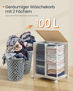 Wäschekorb 100 l mit 2 Fächern und Rädern Natural Beige-mat weiß