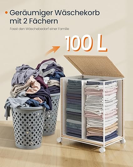 Wäschekorb 100 l mit 2 Fächern und Rädern Natural Beige-mat weiß