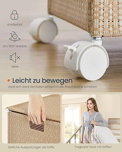 Wäschekorb 100 l mit 2 Fächern und Rädern Natural Beige-mat weiß