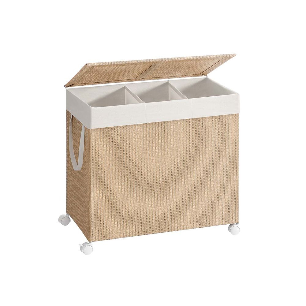 Wäschekorb 100 l mit 2 Fächern und Rädern Natural Beige-mat weiß