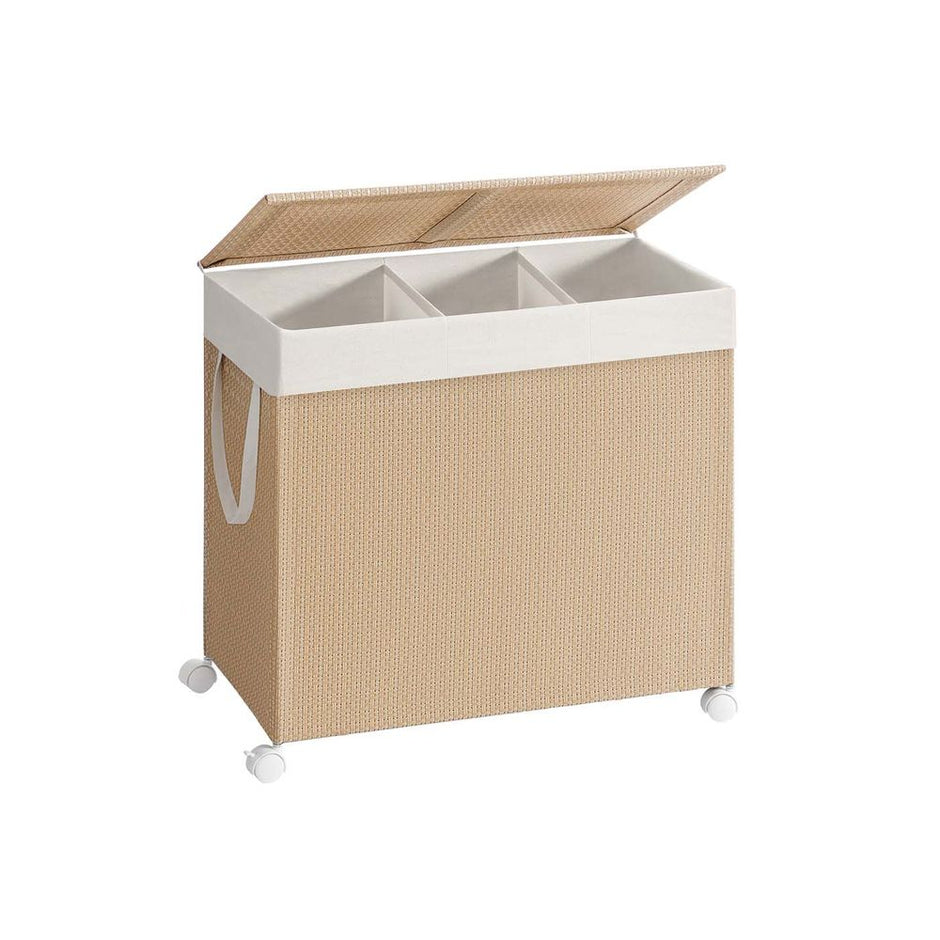 Wäschekorb 100 l mit 2 Fächern und Rädern Natural Beige-mat weiß