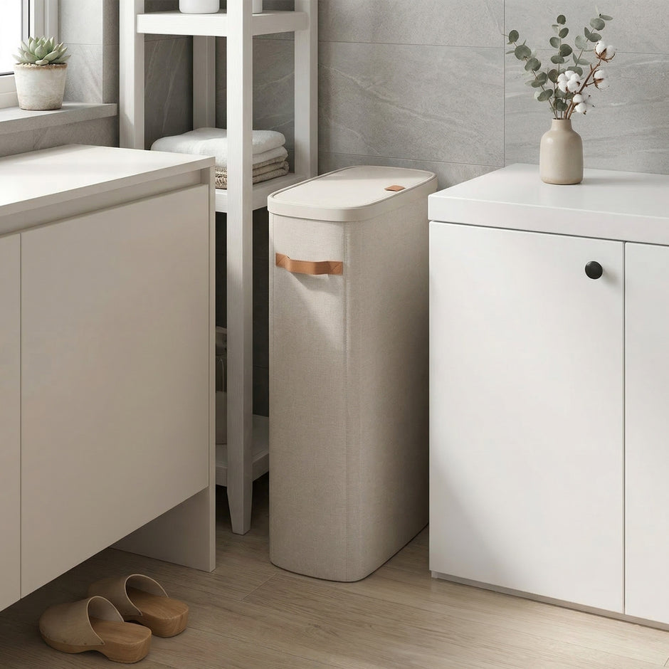 Wasmand - 65 liter - 39 x 22 x 75 cm - met deksel en handvatten - beige - maximaal 10 kg