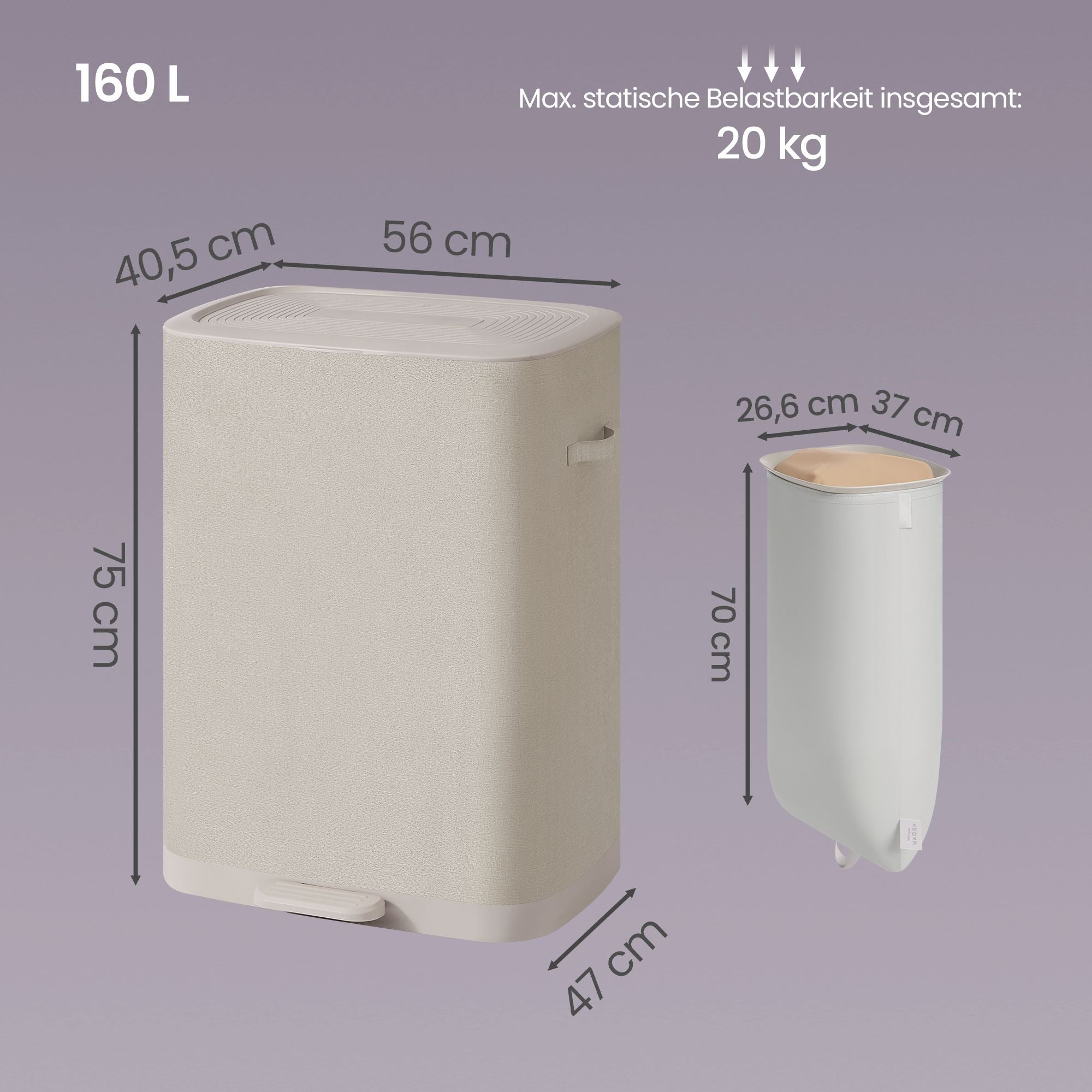 Wassorteerder met Deksel - 2 Vakken - 160 Liter - Pedaalbediening - Lichtbeige
