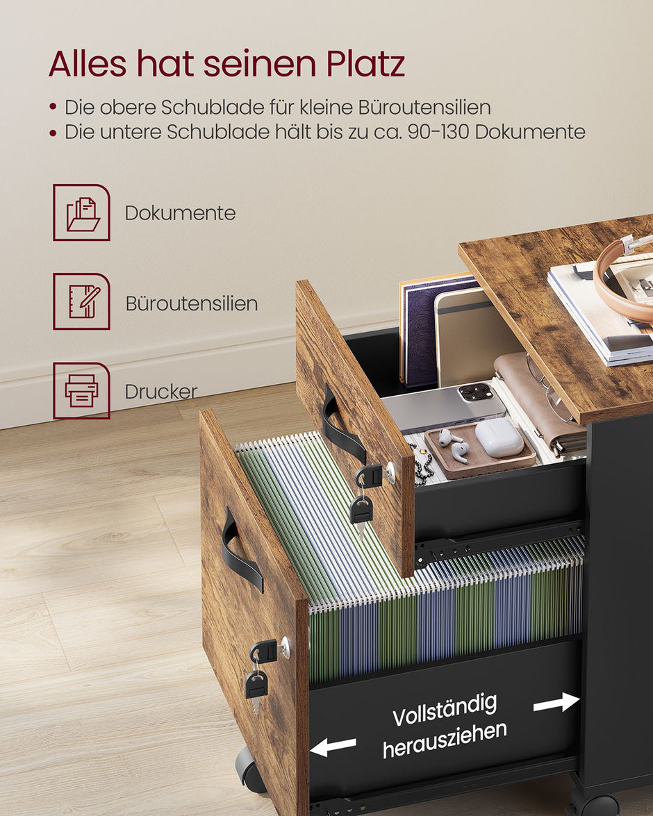 Schließbarer Rollenbehälter mit 2 Schubladen und 5 Rädern