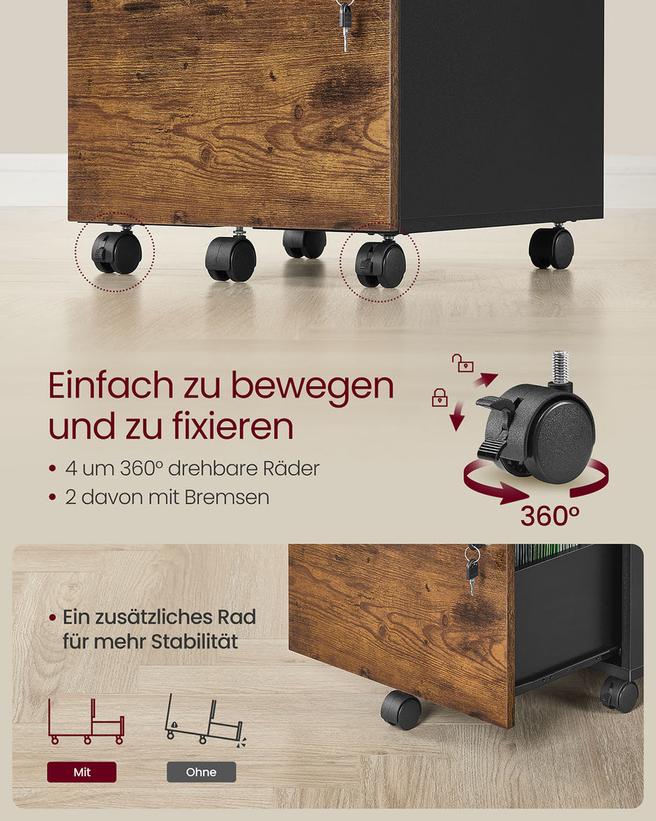 Schließbarer Rollenbehälter mit 2 Schubladen und 5 Rädern