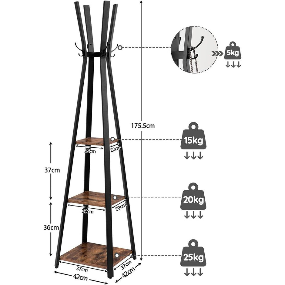 Coat Rack - mit 3 Regalen - Gaderobe Standard - Industrielles Design - Brown Black