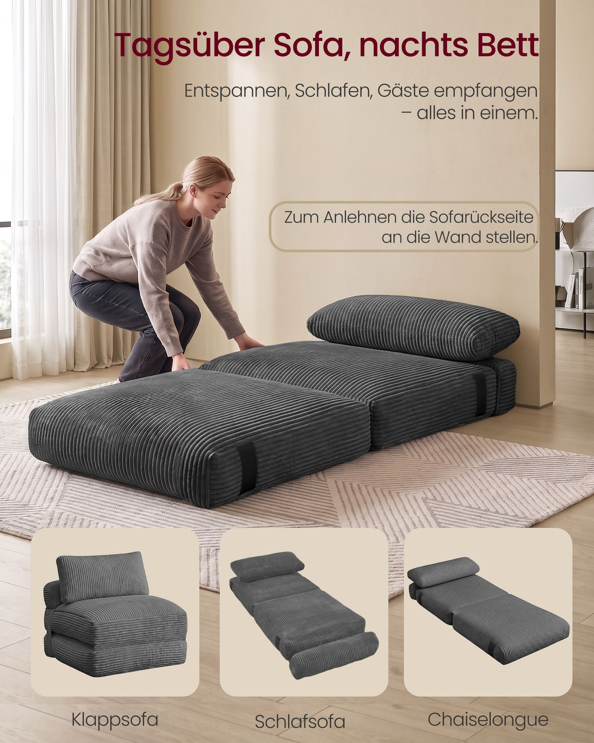 Slaapfauteuil - Opvouwbaar van Corduroy - Met Kussen - Loodgrijs - 89 x 89 x 78 cm