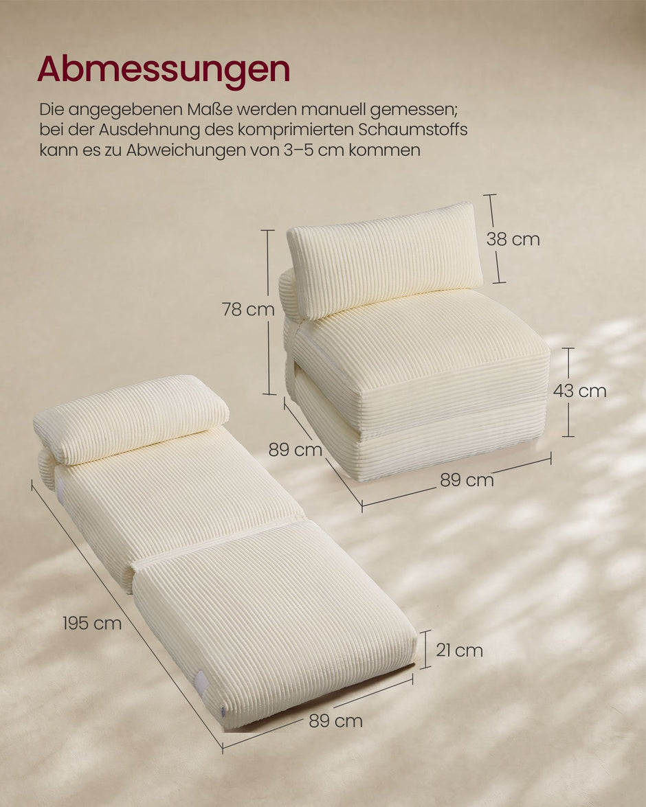 Slaapfauteuil - Opvouwbaar van Corduroy - Met Kussen - Warmwit - 89 x 89 x 78 cm
