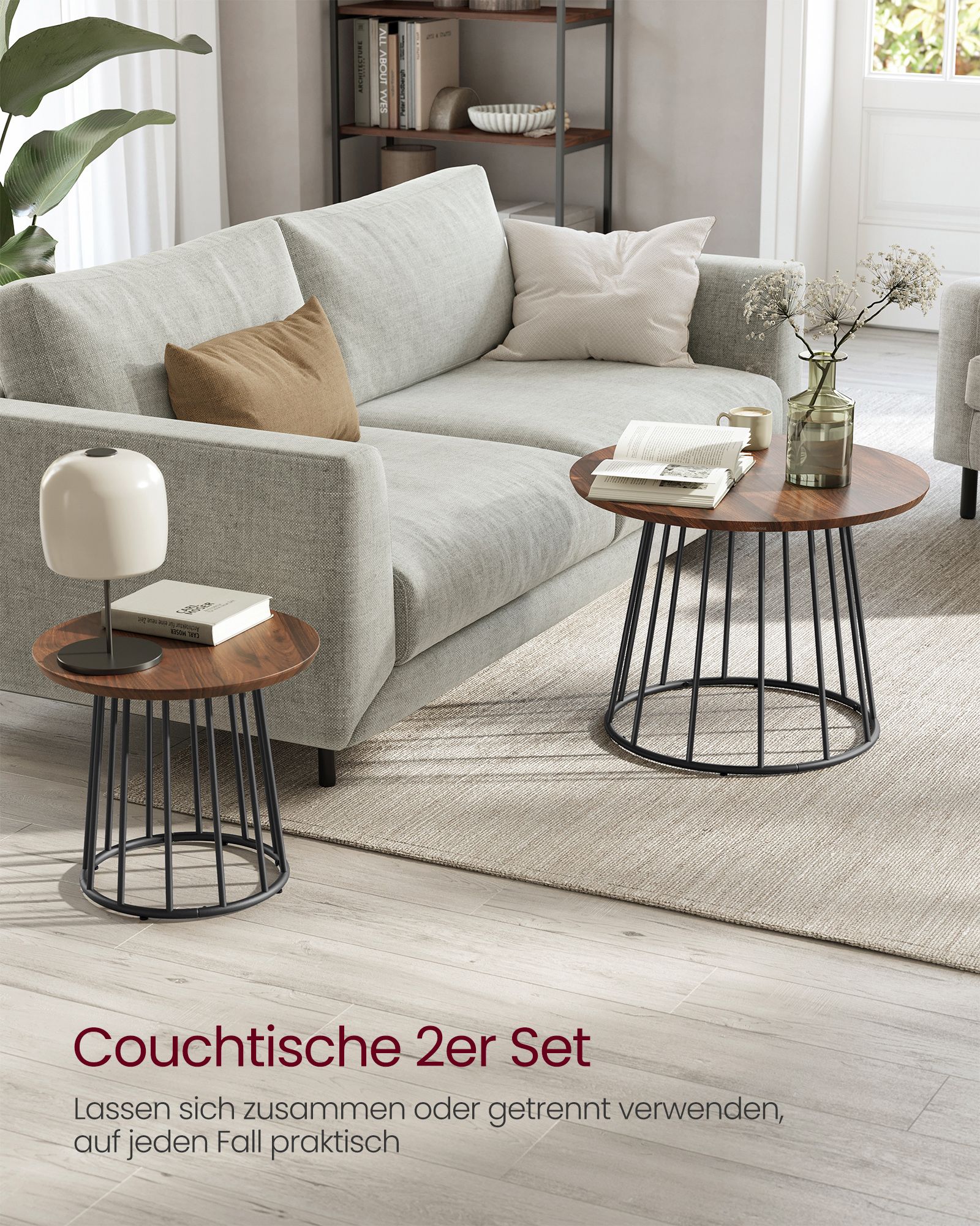 Couchtisch Set von 2 mit Stahlrahmen in natürlicher Walnussfarbe