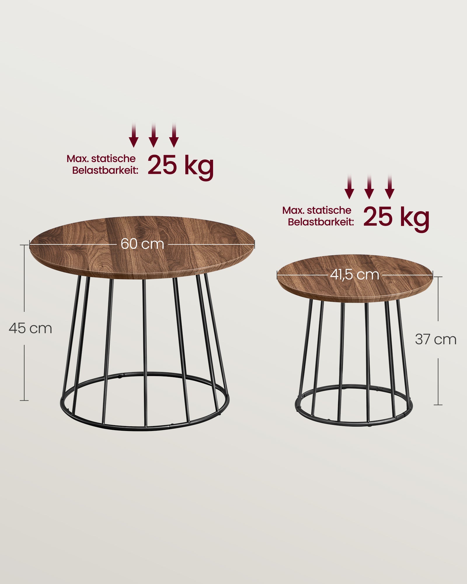 Couchtisch Set von 2 mit Stahlrahmen in natürlicher Walnussfarbe